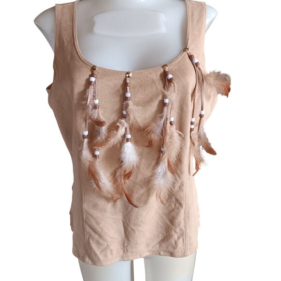 Vintage Tank Top Medium Boho Beige Sleeveless Beaded Feather Hippy 90s cropped - Picture 2 of 5